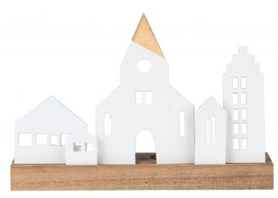 Lichtobjekt Städtchen: Dekoratives Holzobjekt mit weißen Häusern und goldener Kirchturmspitze auf Holzsockel.